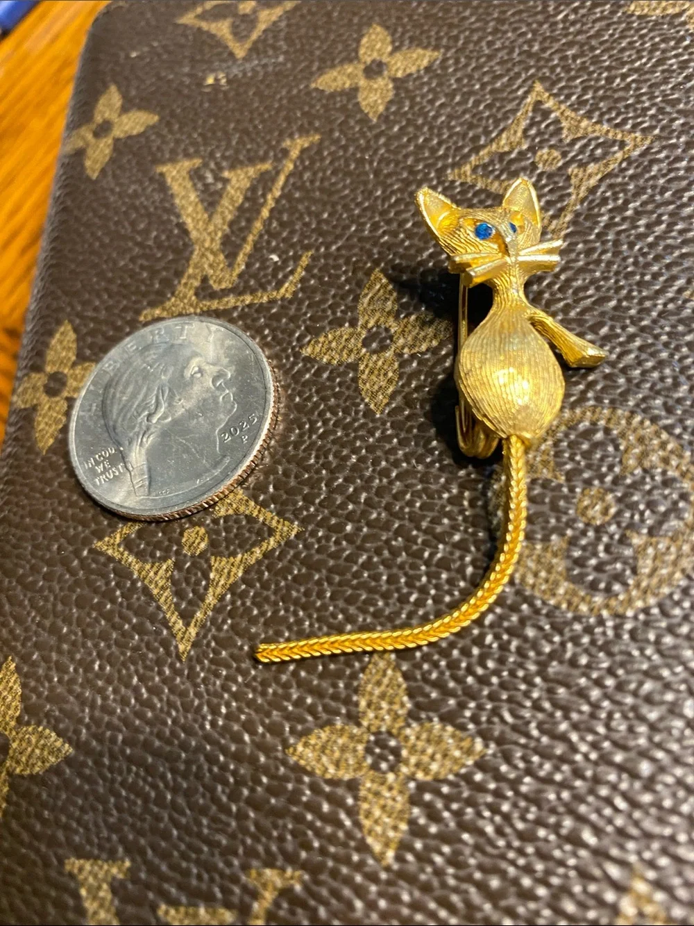 Vintage Whimsical Textured Gold Cat Pin Blue Rhinestone Eyes Articulated Tail